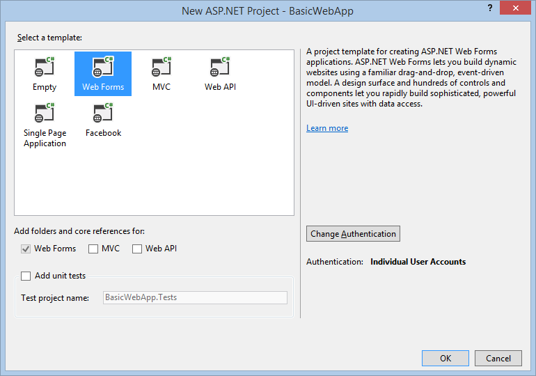 [新しい ASP.NET プロジェクト] ダイアログ ボックス