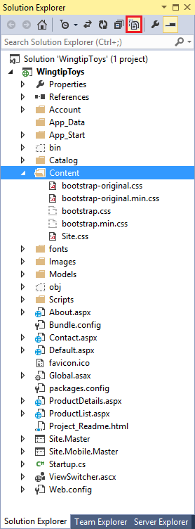 ソリューション エクスプローラー ウィンドウのスクリーンショット。コンテンツ フォルダーが開き、内部のすべてのファイルが表示されています。