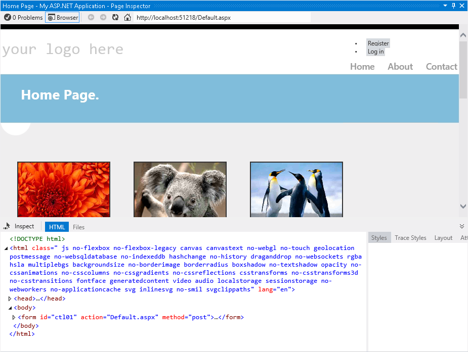 Page Inspector で Default.aspx を表示する