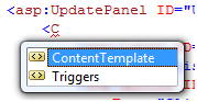 Screenshot that shows an a s p Update Panel tag followed by a Content Template tag.