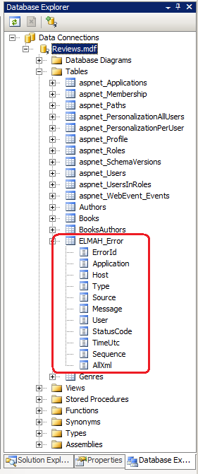 Screenshot that shows the S Q L Error Log provider logs errors written to the table.