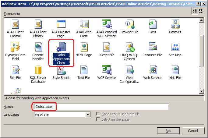 Web サイトでこのファイルを作成するために Global.asax という名前のグローバル アプリケーション クラス テンプレートを使用して、Web サイトのルートに新しい項目を追加するスクリーンショット。