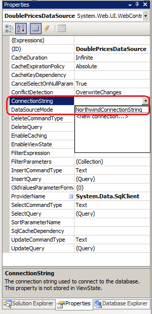 NorthwindConnectionString を使用するように SqlDataSource を構成する