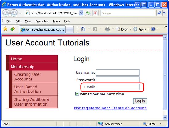 The Login Control Now Includes a Textbox for the User's Email Address