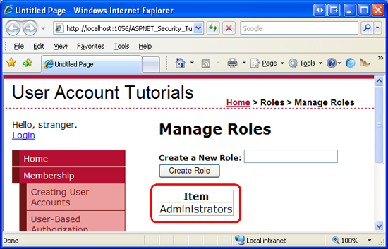 The GridView Displays the Roles in a Single Column