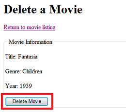 [Delete Movie]\(ムービーの削除\) ボタンが強調表示されている [ムービーの削除] ページ