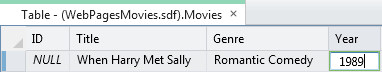 Database entry grid in WebMatrix with one record