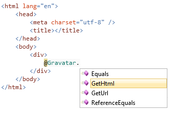 [Get H T M L]\(H T M L の取得\) 項目が黄色で強調表示されている Gravatar ヘルパー IntelliSense ドロップダウン リストを示すソース エディターのスクリーンショット。