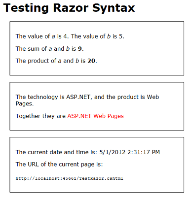 ブラウザー ウィンドウで実行されている [Test Razor]\(Razor のテスト\) ページのスクリーンショット。値と式が解決された 3 つのボックスが表示されています。