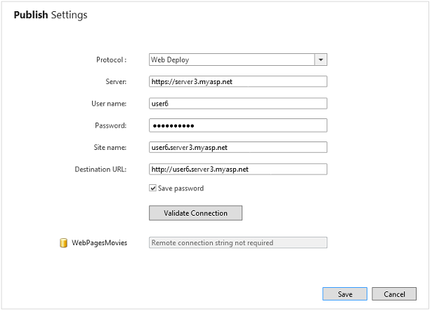 Screenshot of the Publish Settings dialog box showing the hosting company details filled into the text fields.