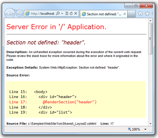 Screenshot that shows the error that occurs if you run a page that calls RenderSection method but the corresponding section is not provided.