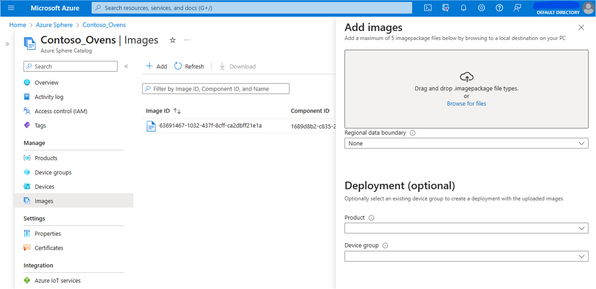 Azure Sphere の [イメージの追加] 画面を示す図