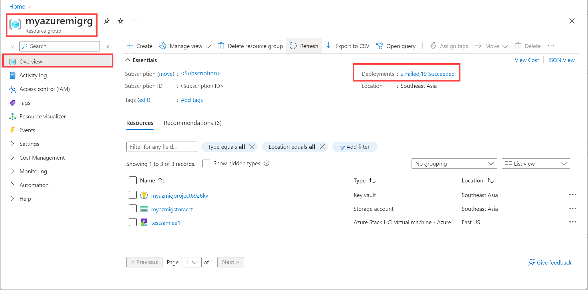 Azure portalの Azure Migrate プロジェクト リソース グループ>の概要のスクリーンショット。