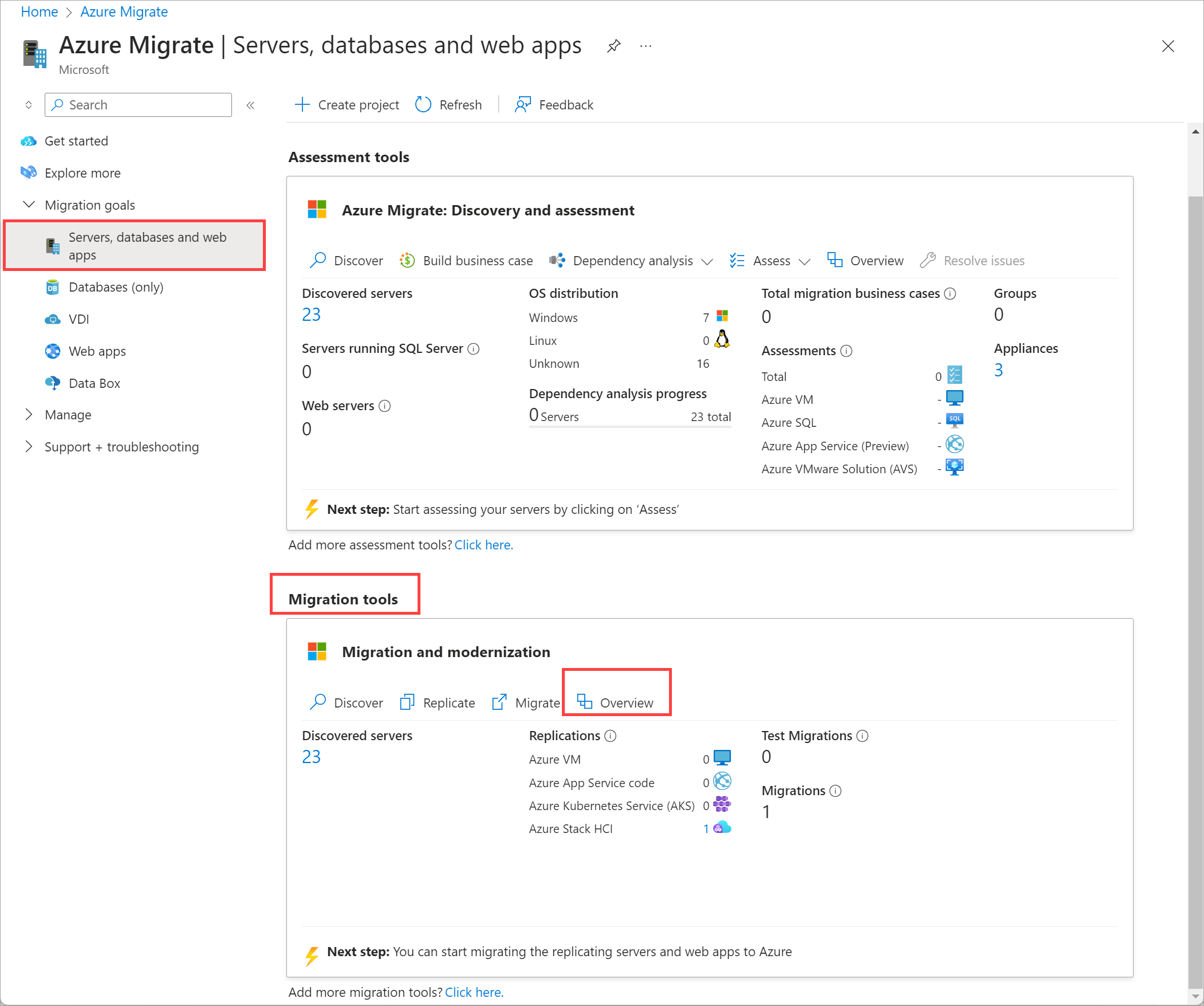 Azure portalの Azure Migrate プロジェクト>移行ツール>の概要のスクリーンショット。