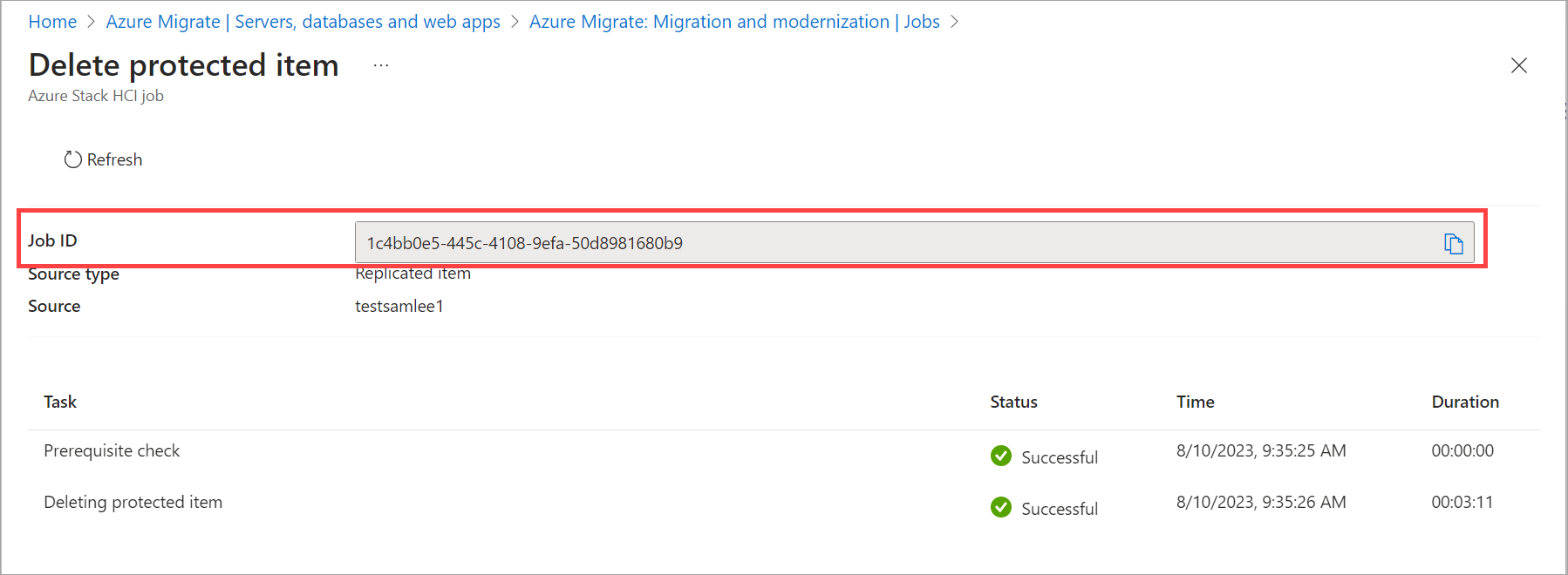 Azure Migrate プロジェクト>の移行ツール>の概要 > Azure Stack HCI 移行>ジョブ ジョブ > Azure portalで保護された項目を作成または更新するジョブ>のスクリーンショット。