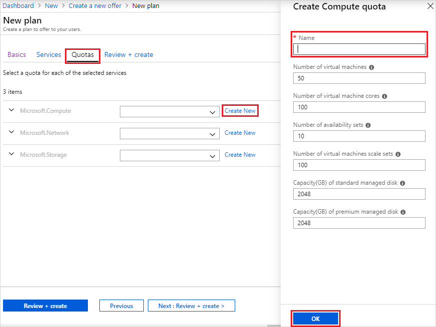 Azure Stack Hub 管理ポータル内でのコンピューティング クォータの作成