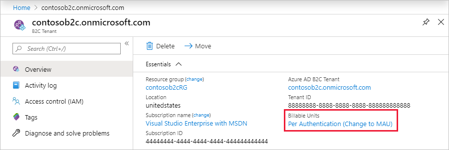 Azure portal で強調表示されている MAU リンクに変更する方法を示すスクリーンショット。