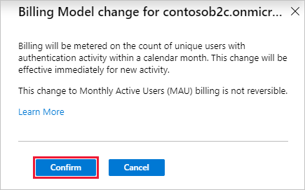 Azure portal の MAU ベースの課金確認ダイアログを示すスクリーンショット。