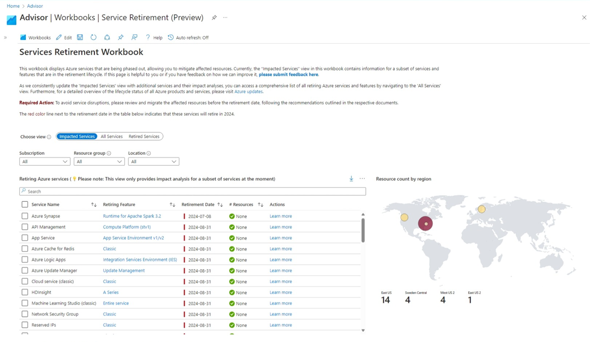 Azure Advisor サービスの提供終了 ブック テンプレートのスクリーンショット。