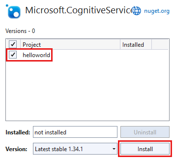 プロジェクトと [インストール] ボタンが強調表示され、[Microsoft.CognitiveServices.Speech] パッケージが選択されていることを示すスクリーンショット。