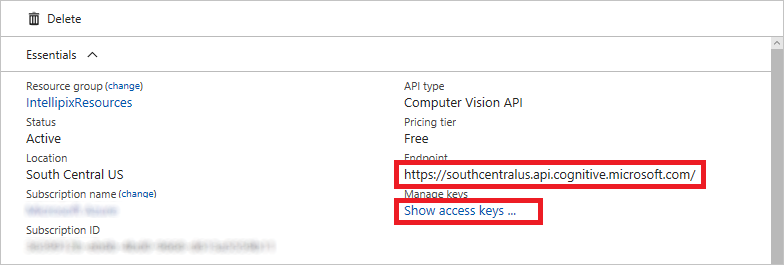 エンドポイントの URL とアクセス キーのリンクを強調した Azure portal ページ