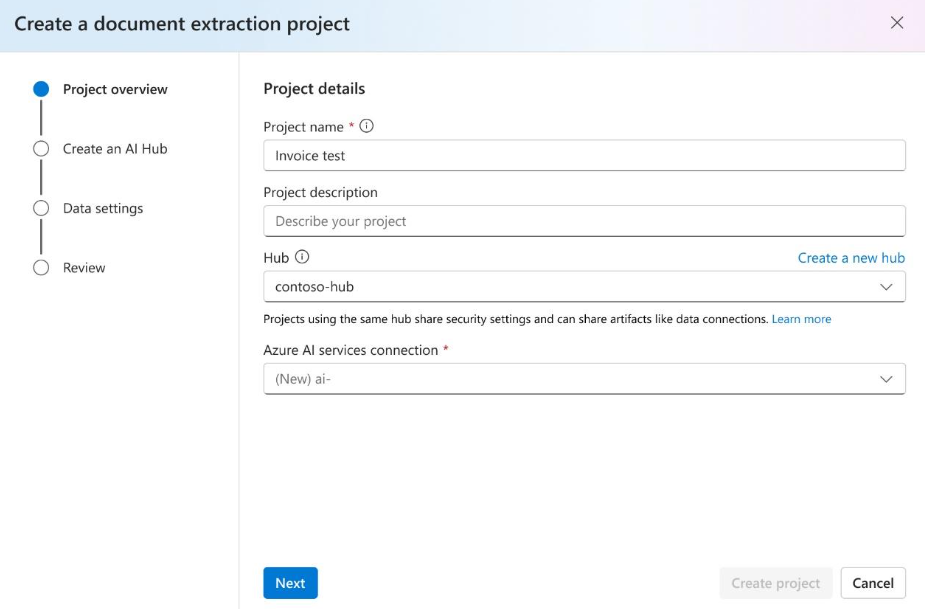 [Create document field extraction project] の [Project overview] ページのスクリーンショット。