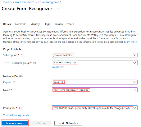 Document Intelligence リソースを作成するための正しい値を示す静止画像。