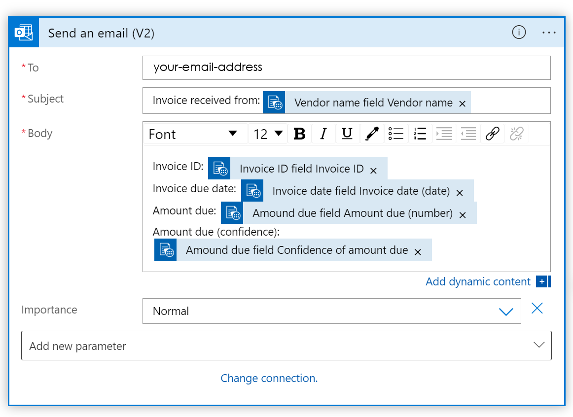 入力が完了した Outlook フィールドのスクリーンショット。