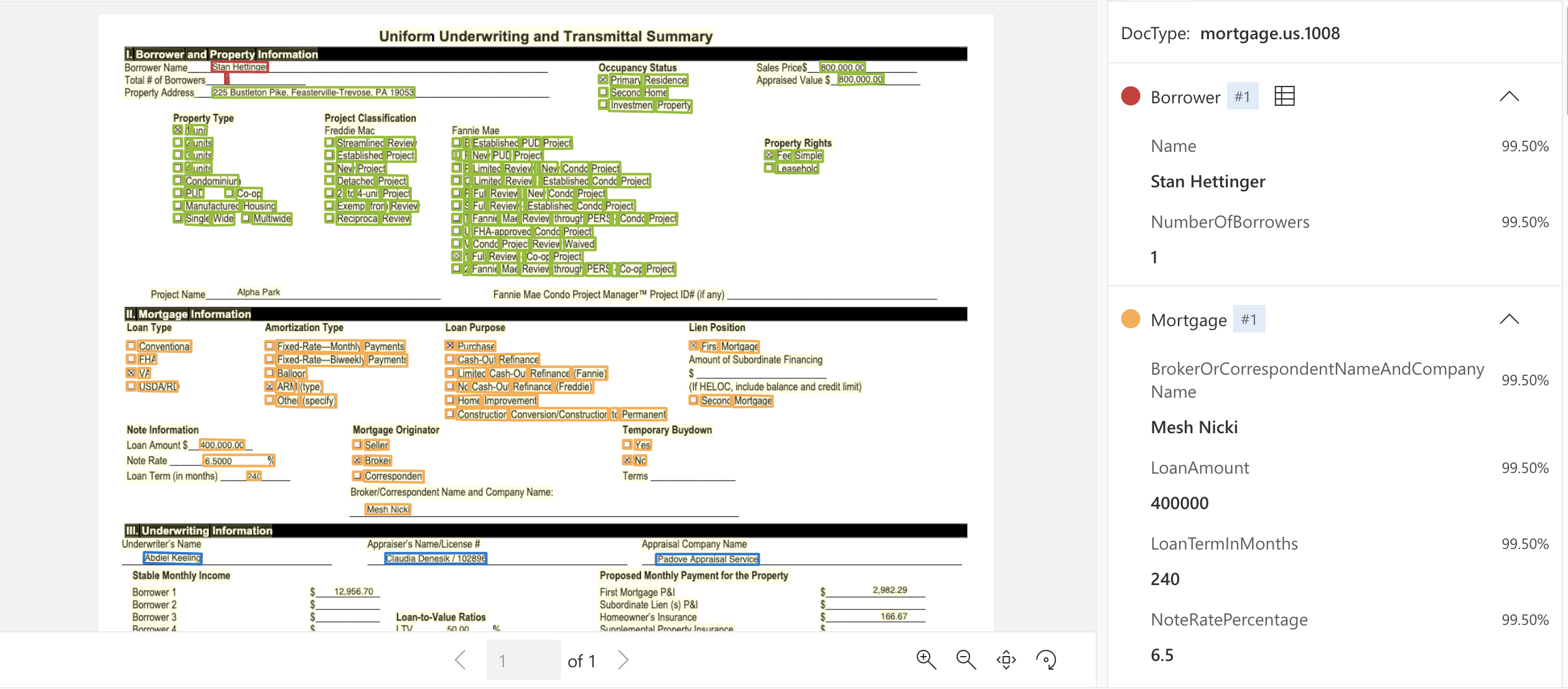 Document Intelligence Studio を使用した米国住宅ローン 1008 ドキュメント モデル分析のスクリーンショット。