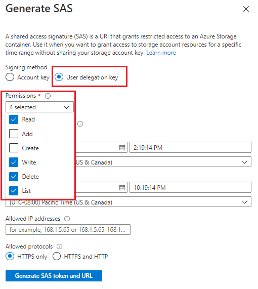 Azure portal の [SAS のアクセス許可] フィールドを示すスクリーンショット。