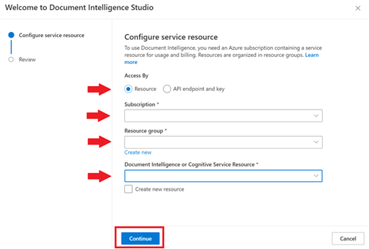 Document Intelligence Studio のサービス リソース構成フォームのスクリーンショット。