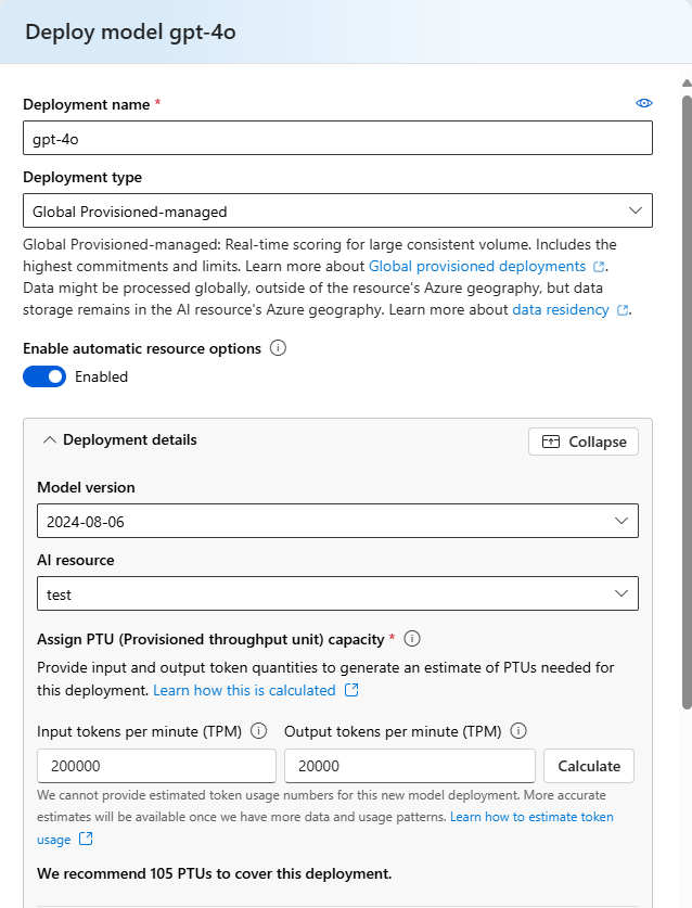 デプロイ ワークフローの PTU 容量計算ツールのスクリーンショット。