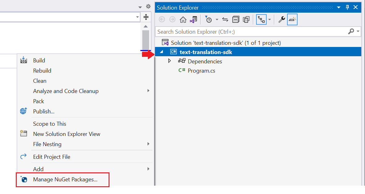 Visual Studio で [NuGet パッケージの管理...] を選択しているウィンドウのスクリーンショット。