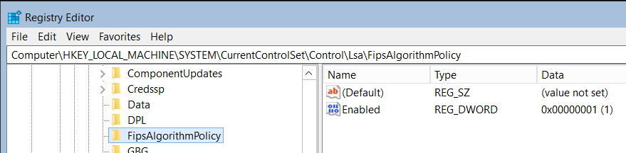 レジストリ エディターの FIPS アルゴリズム ポリシーおよびそれが有効になっている様子を示すスクリーンショット。