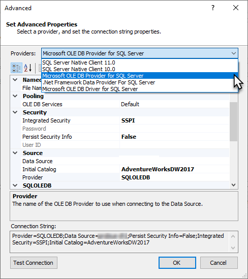 Screenshot of Legacy data sources Advanced properties.