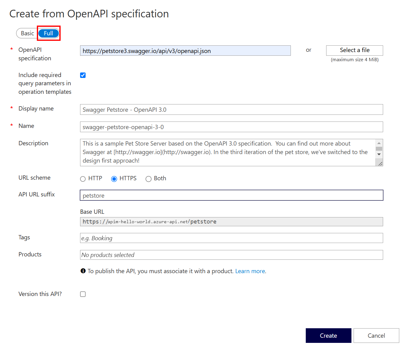 ポータルでの API の作成を示すスクリーンショット。