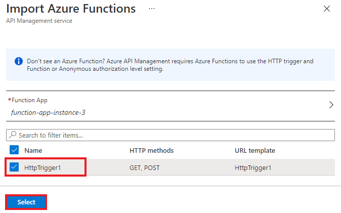 インポートする Function と [選択] ボタンが強調表示されているスクリーンショット。