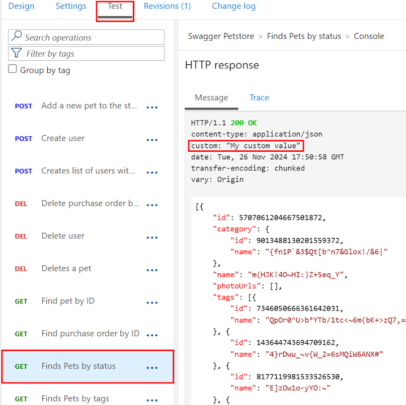 ポータルでのカスタム応答ヘッダーを示すスクリーンショット。