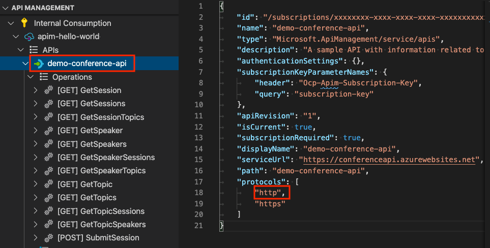 Visual Studio Code での JSON の説明の編集のスクリーンショット。