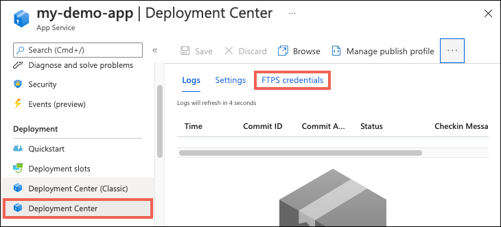 Azure App Services のデプロイ センターから FTP ダッシュボードを選択する方法を示します。