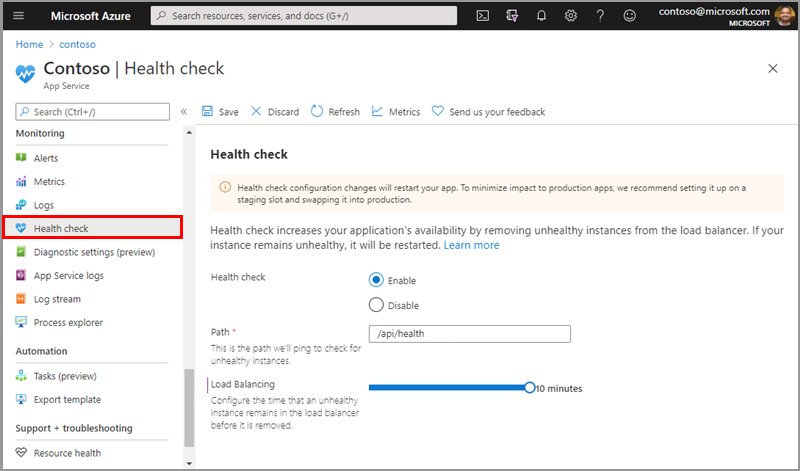 Azure portal での正常性チェックのナビゲーション