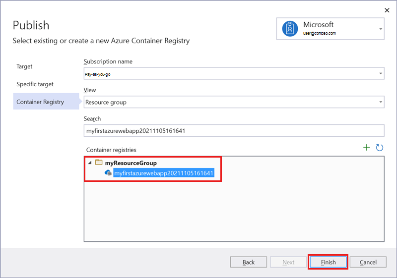 既存の Azure Container Registry を選択する画面のスクリーンショット。