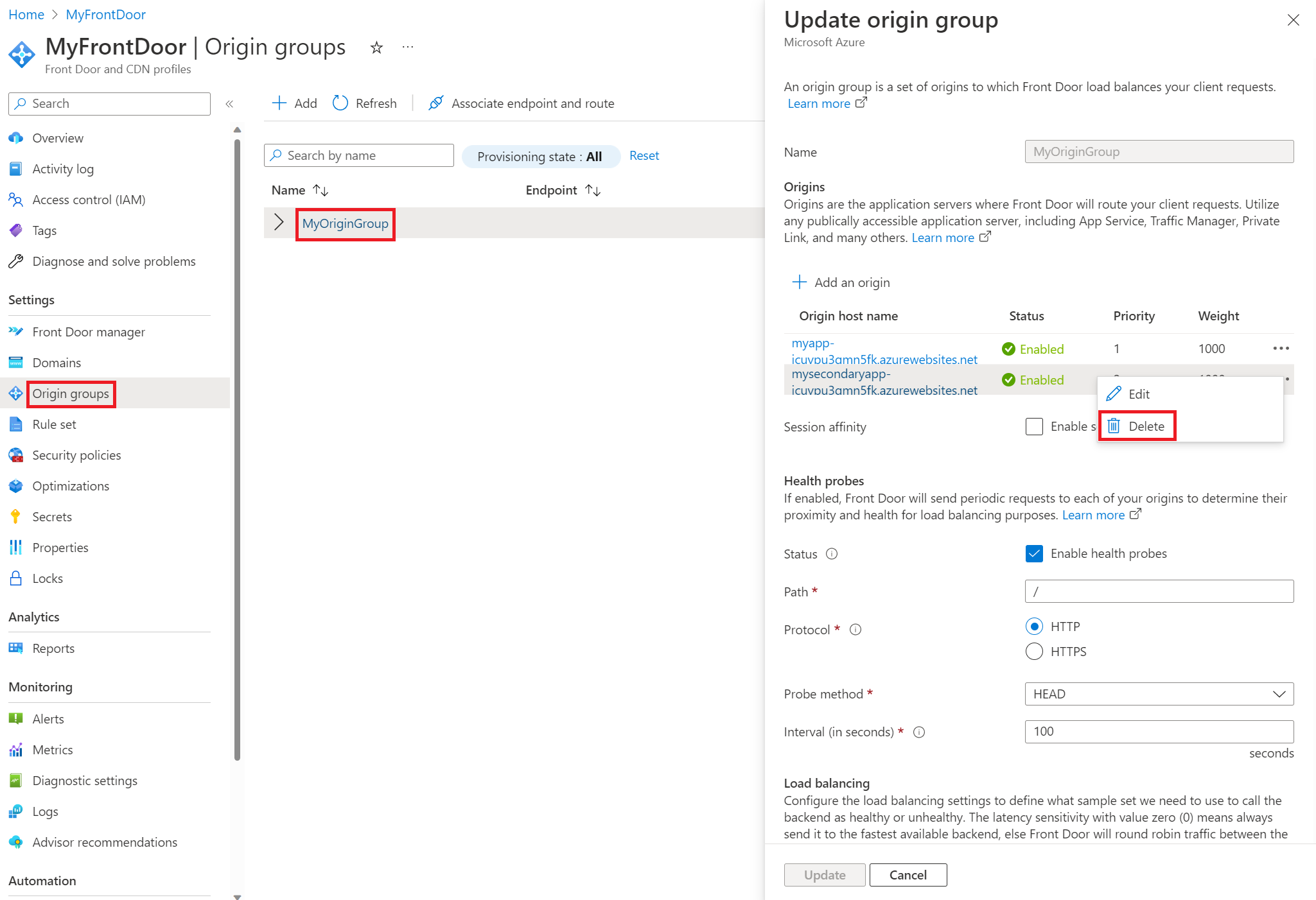 Azure Front Door の配信元を削除する方法を示すスクリーンショット。