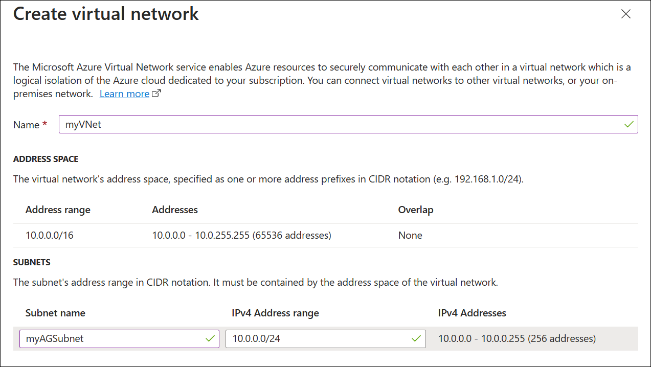 新しいアプリケーション ゲートウェイの作成の仮想ネットワークのスクリーンショット。