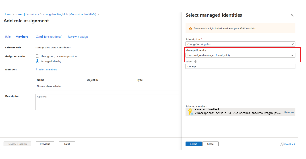 Screenshot of adding the role to user-assigned managed identity.