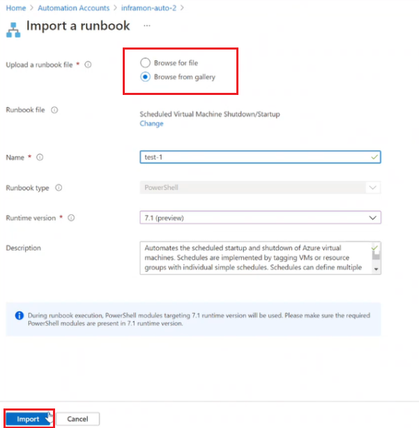 ファイルまたはギャラリーから Runbook を選択しているスクリーンショット。