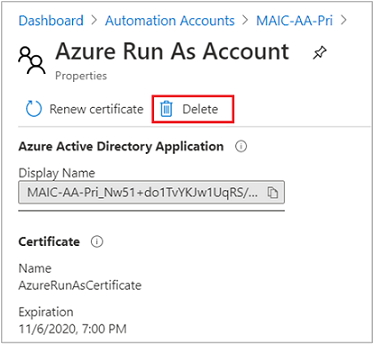 Azure 実行アカウントを削除する