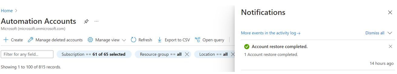 削除された Automation アカウントの復元の通知を示すスクリーンショット。