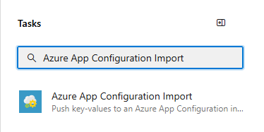 Screenshot shows the Add Task dialog with Azure App Configuration Import in the search box.