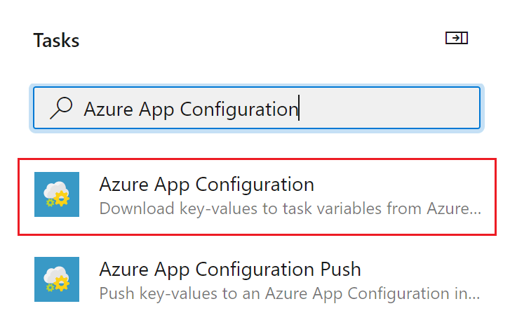 検索ボックスに「Azure App Configuration」と入力された [タスクの追加] ダイアログを示すスクリーンショット。